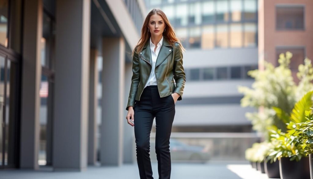 green leather jacket outfit